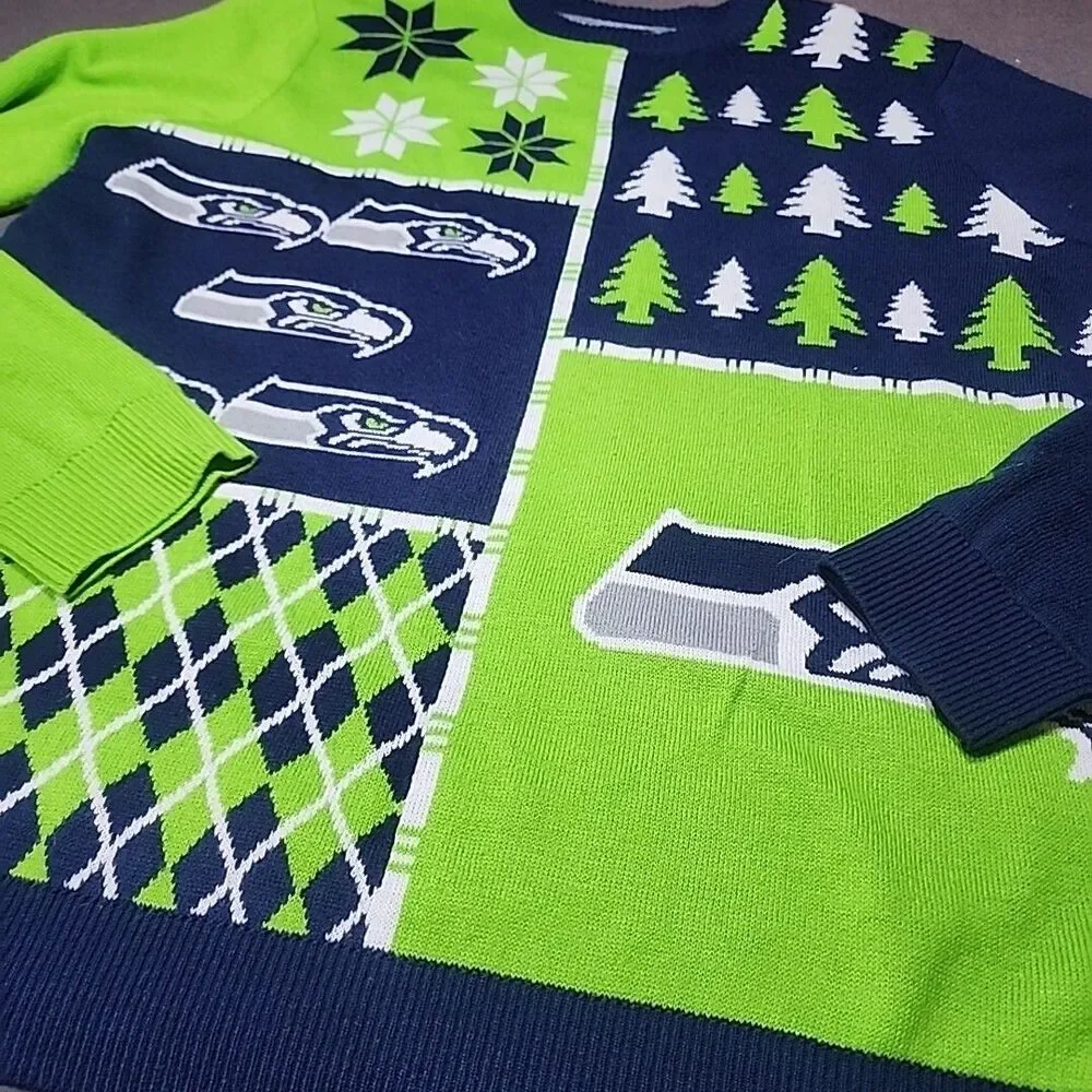 NFL Team Apparel Mens Medium Seattle Seahawks Lime Green Blue Christmas Sweater